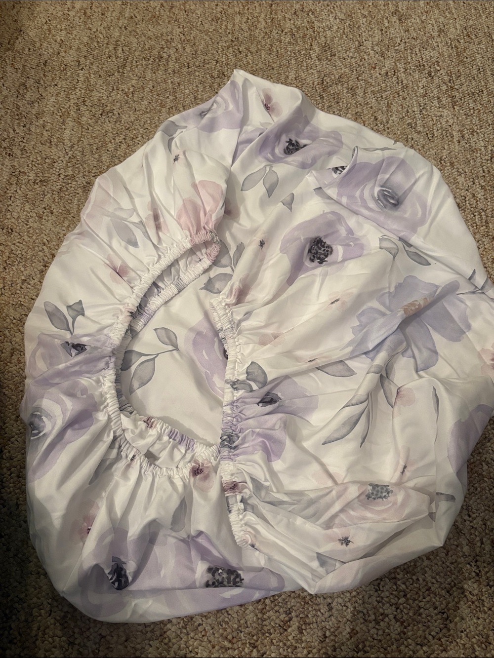 Floral/lavender crib sheet, bed skirt, diaper stacker, valance curtains